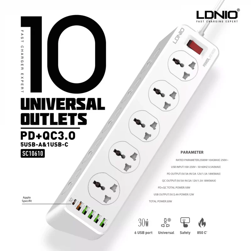 LDNIO SC10610 30W 6-Port USB Charger Power Strip